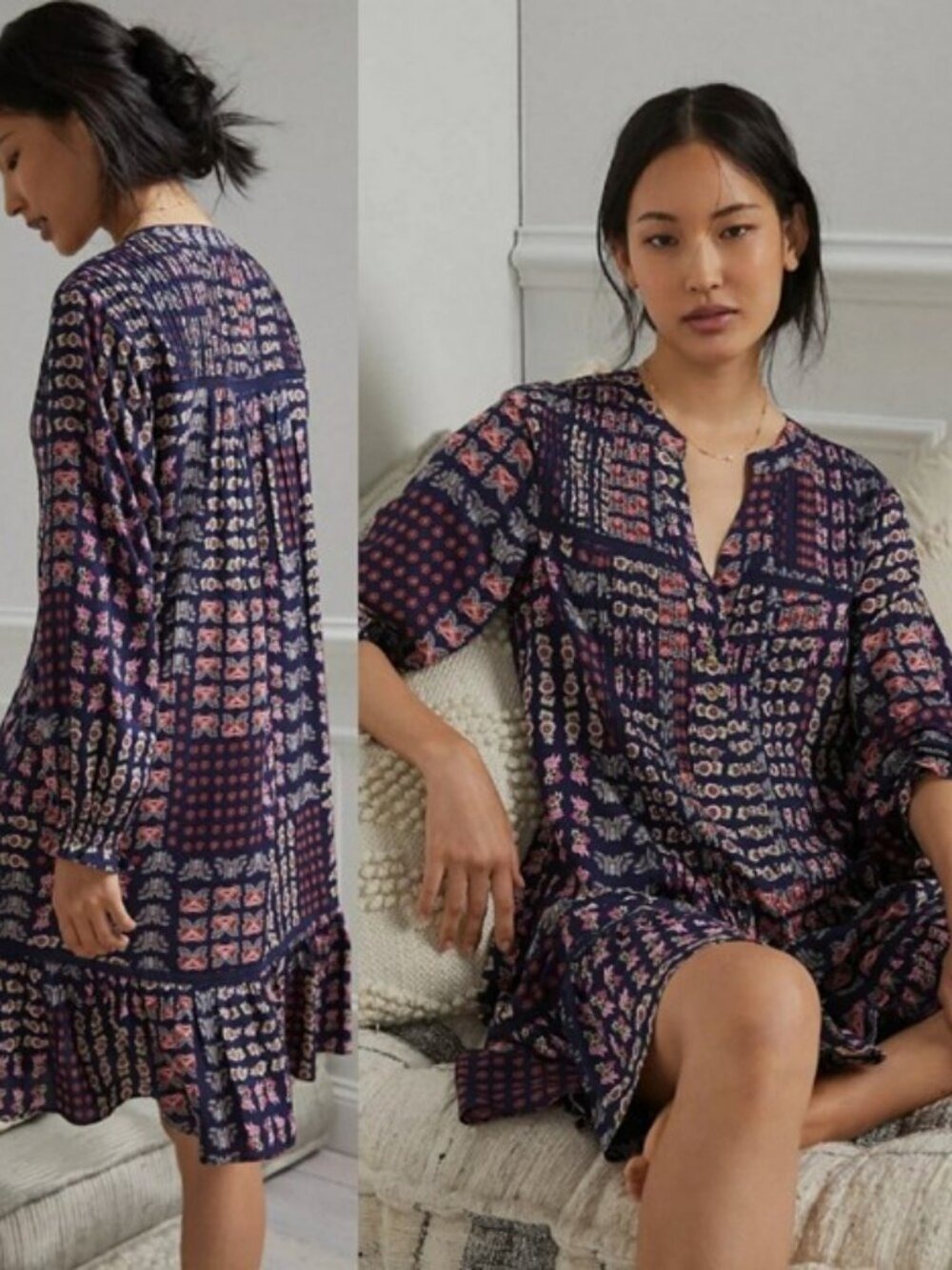 Anthropologie Diana Pintuck Tunic Dress Patchwork Blue Floral M